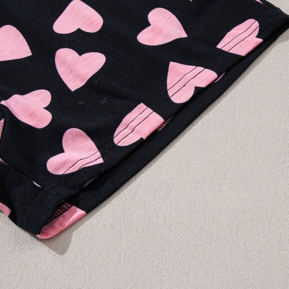 Black Valentine Heart Shape Print Long Sleeve Top Shorts Lounge Set - Picture 11 of 11